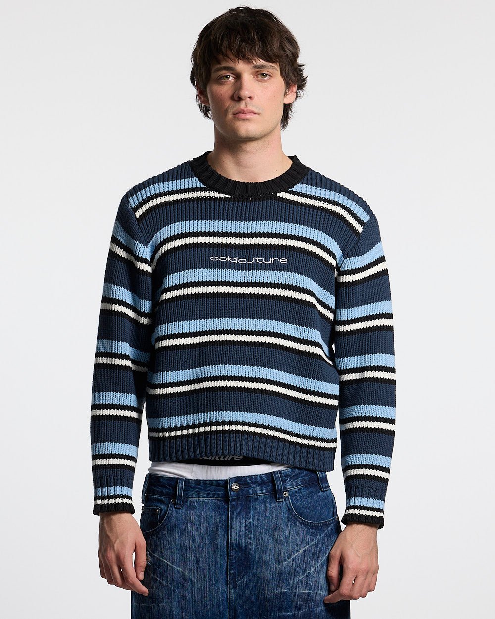 TIMELESS KNITWEAR BLUE - blue striped knit sweater, front view on male model - Cold Culture #man