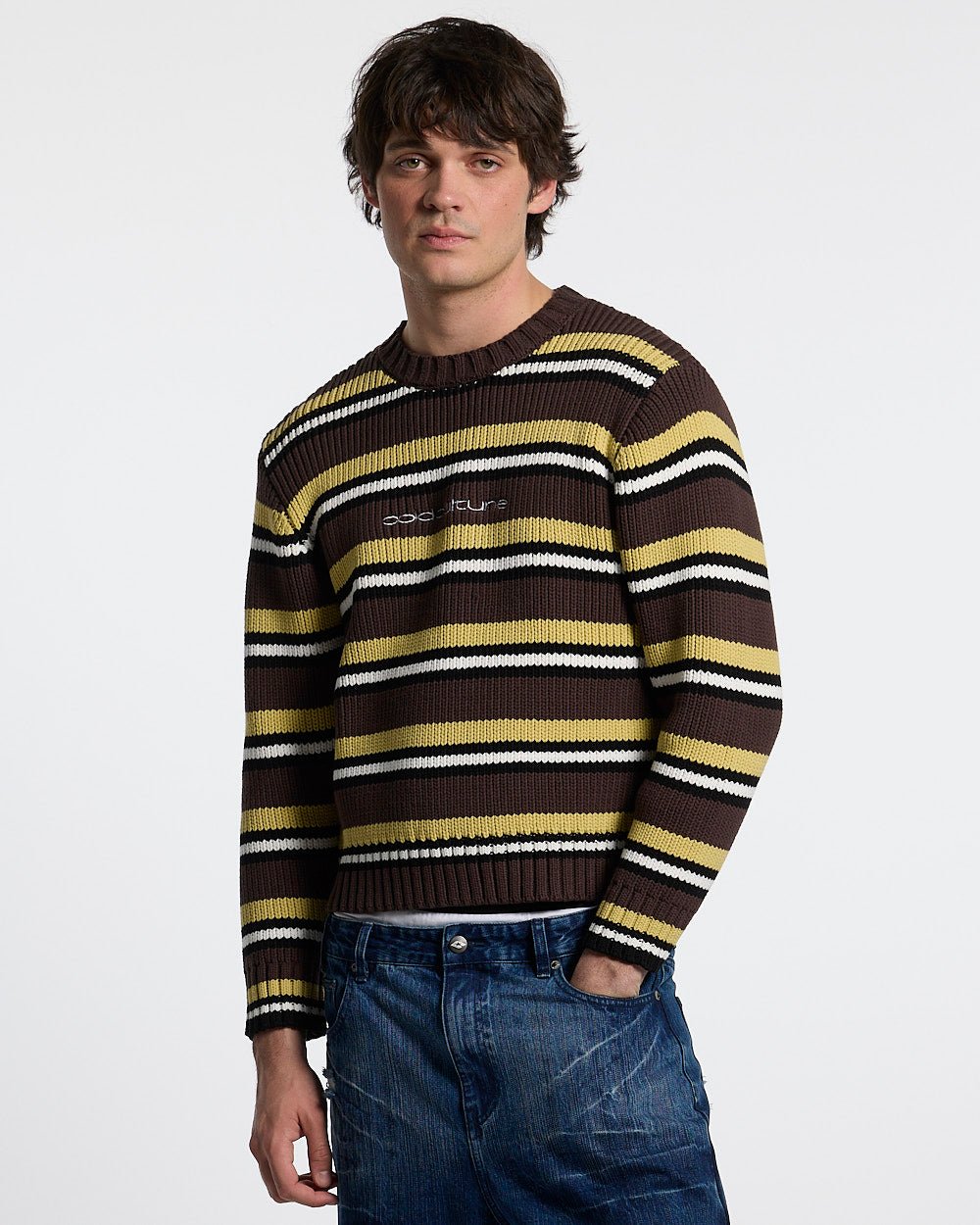 TIMELESS KNITWEAR BROWN - brown striped knit sweater, front view on male model - Cold Culture #man