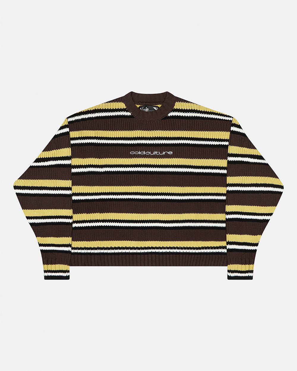 TIMELESS KNITWEAR BROWN - brown striped knit sweater, front view - Cold Culture #packshot
