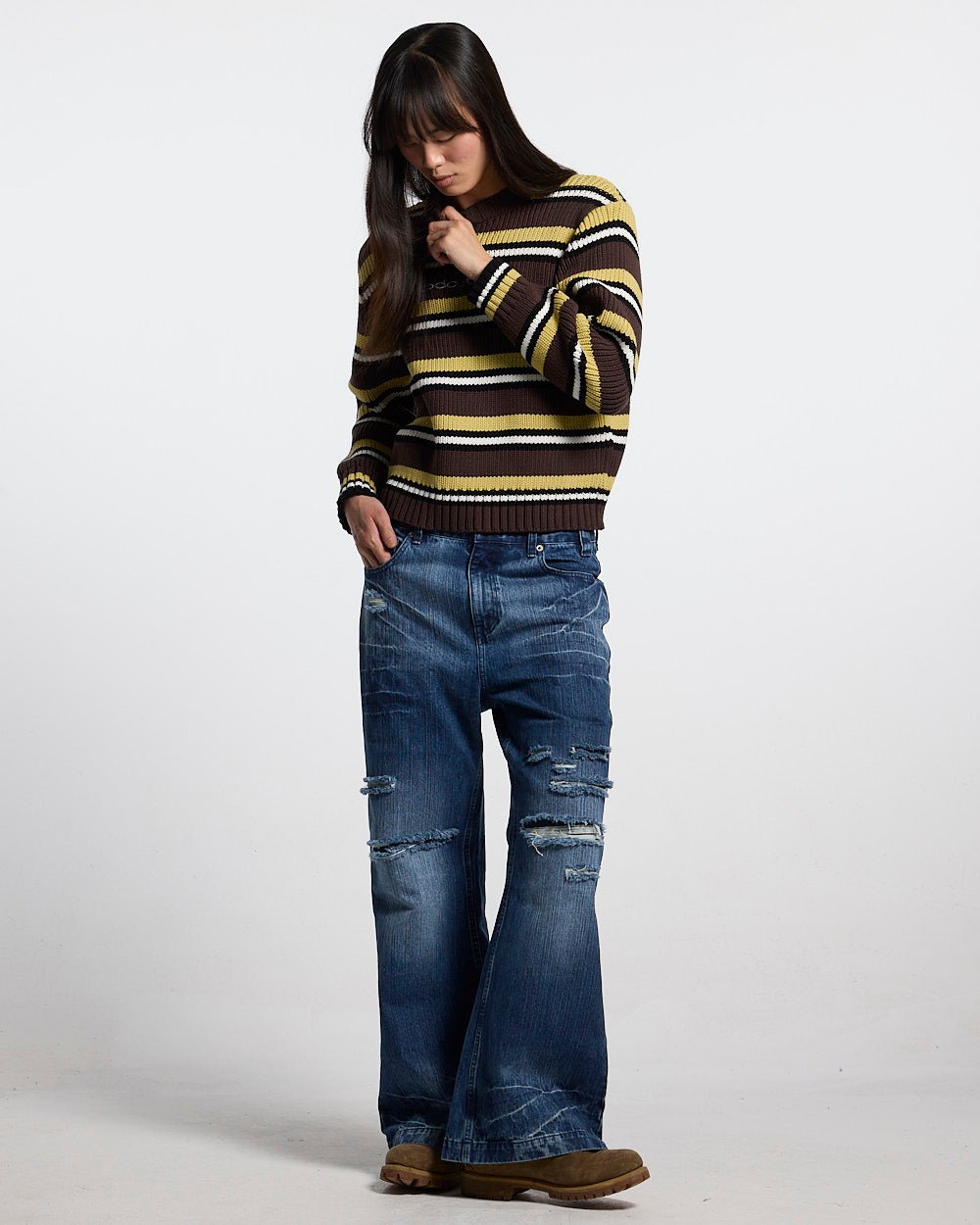 TIMELESS KNITWEAR BROWN - brown striped knit sweater, front view on female model - Cold Culture #woman