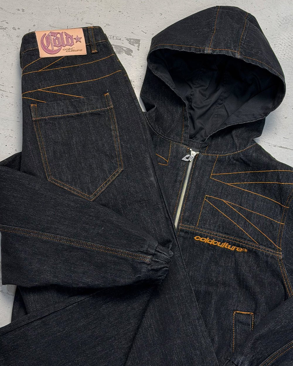 TOP BOY JACKET BLACK DENIM - black denim hooded jacket, detail close-up - Cold Culture
