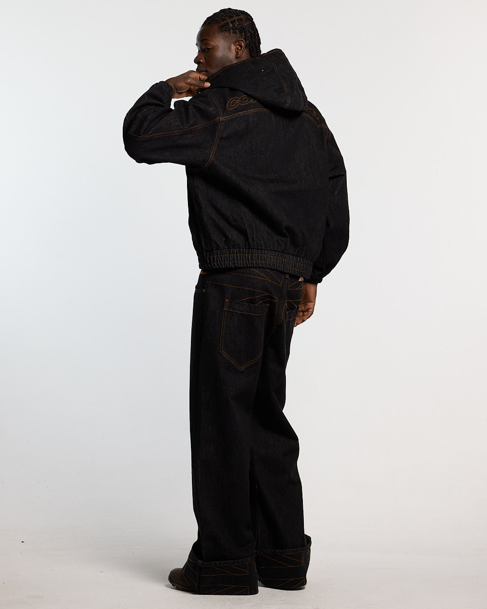 TOP BOY JACKET BLACK DENIM - black denim hooded jacket, back view on male model - Cold Culture