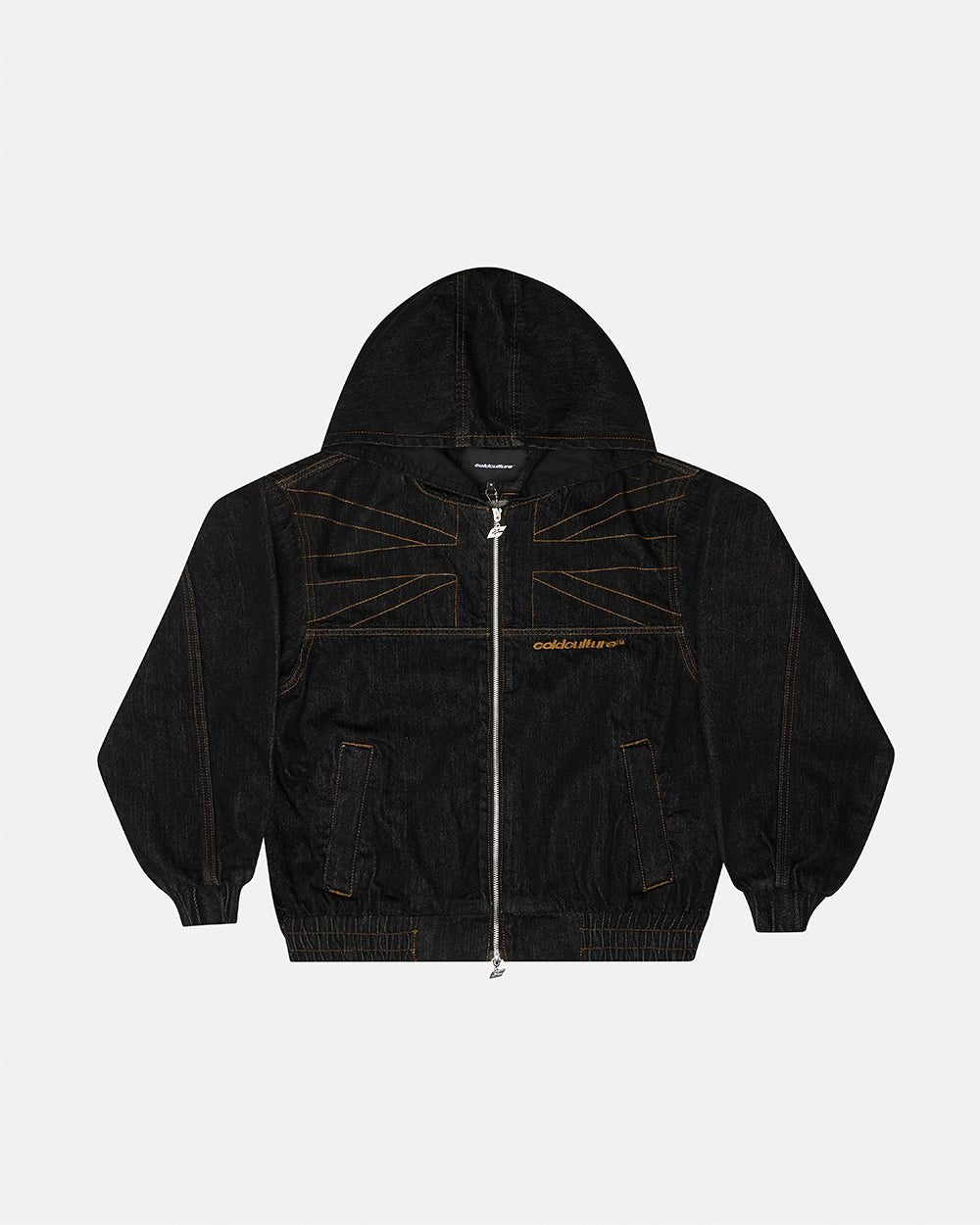 TOP BOY JACKET BLACK DENIM - black denim hooded jacket, front view - Cold Culture #packshot