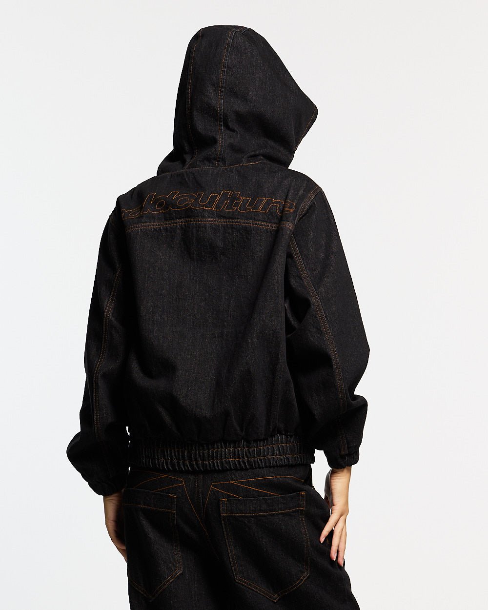 TOP BOY JACKET BLACK DENIM - black denim hooded jacket, back view on female model - Cold Culture #woman