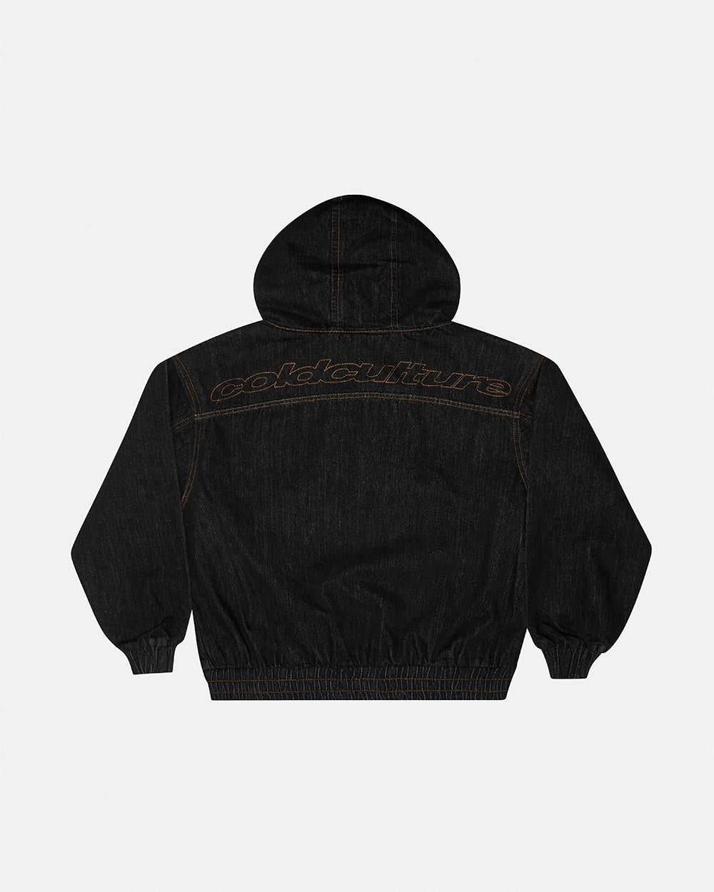 TOP BOY JACKET BLACK DENIM - black denim hooded jacket, back view - Cold Culture #packshot