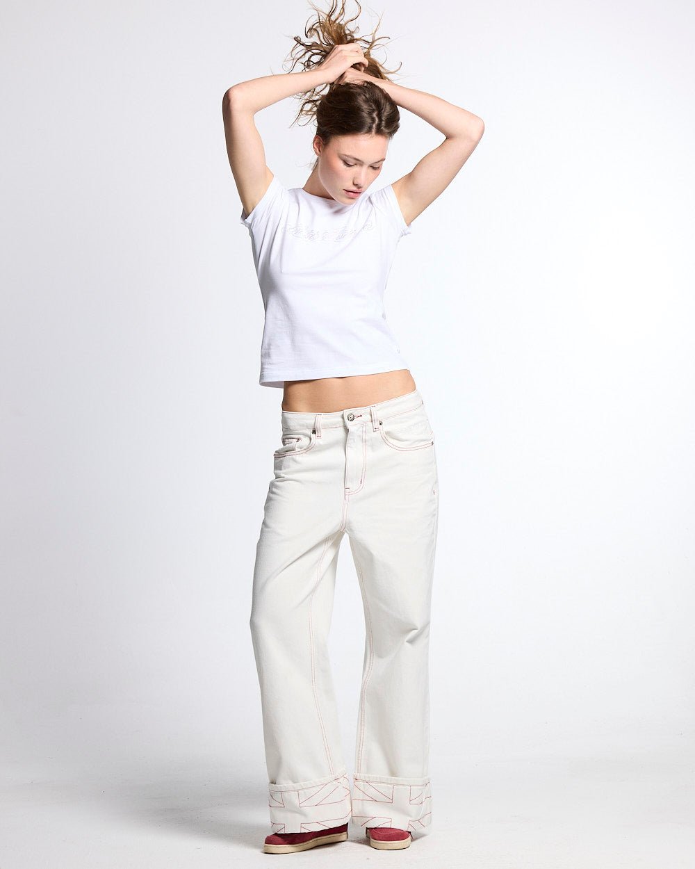 TOP BOY PANTS WHITE - white contrast stitch denim pants, front view on female model - Cold Culture #woman