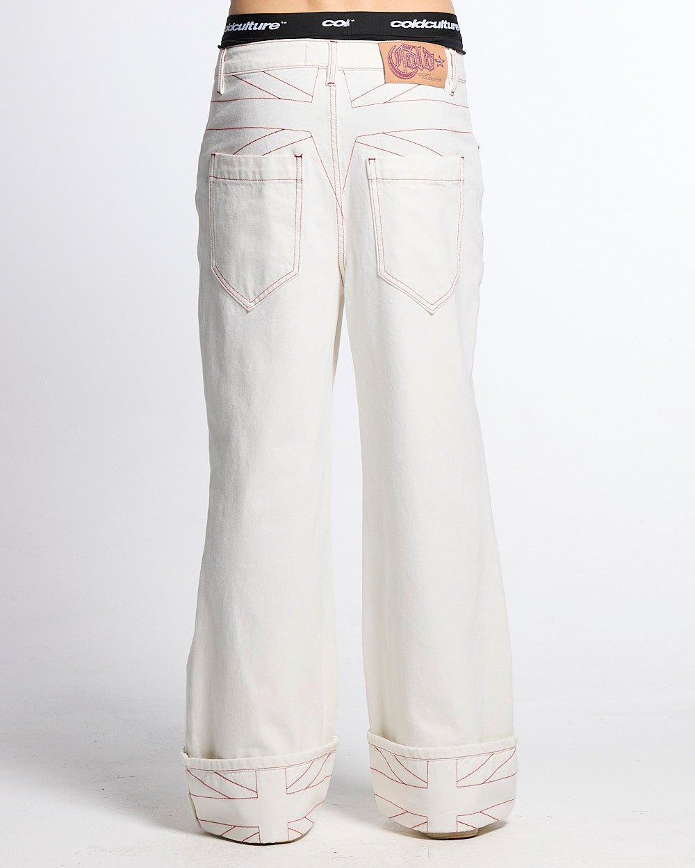 TOP BOY PANTS WHITE - white contrast stitch denim pants, back view on male model - Cold Culture