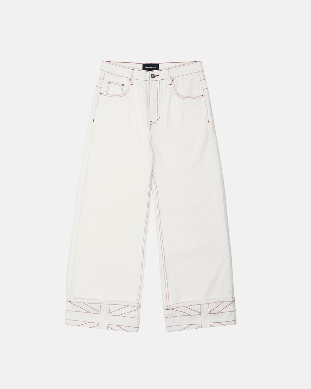 TOP BOY PANTS WHITE - white contrast stitch denim pants, front view - Cold Culture #packshot