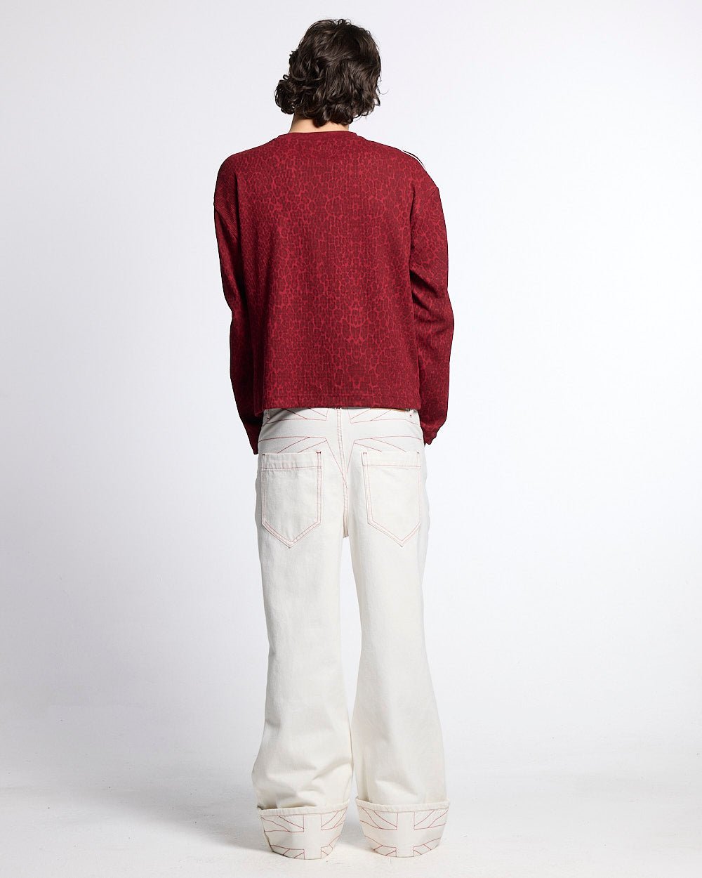 TOP BOY PANTS WHITE - white contrast stitch denim pants, back view on male model - Cold Culture #man