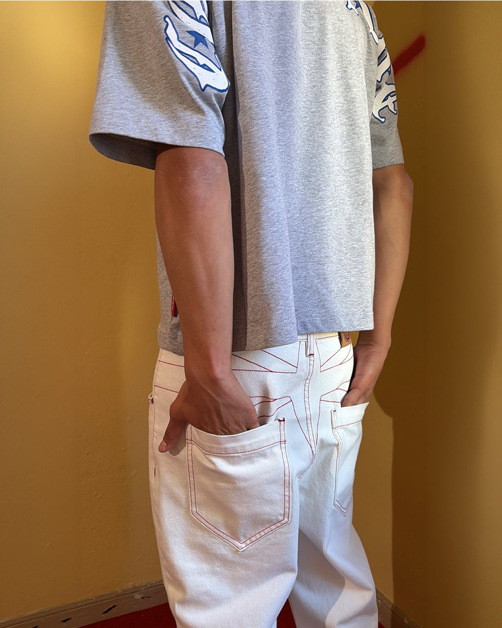 TOP BOY PANTS WHITE - white contrast stitch denim pants, worn detail - Cold Culture