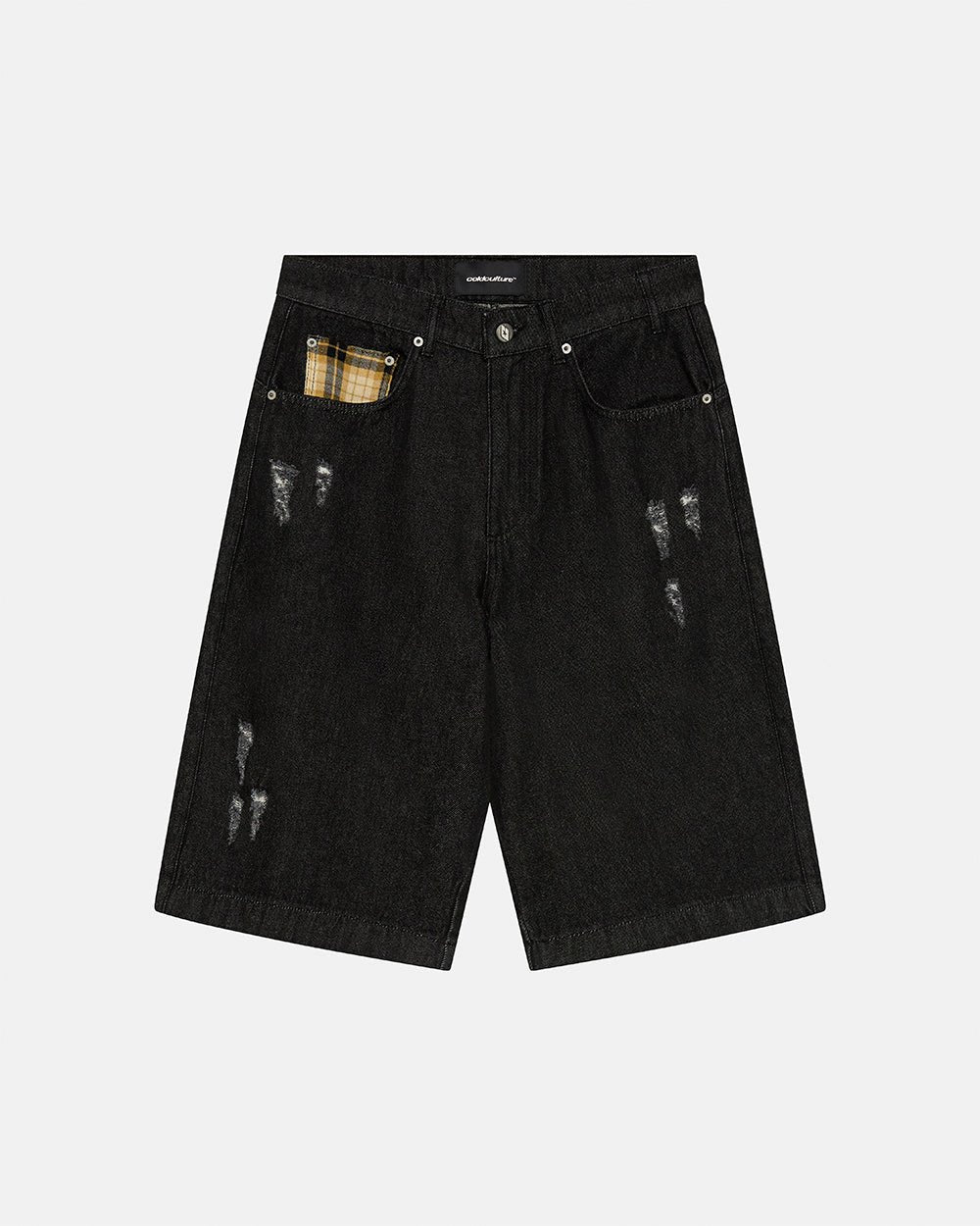 TOXIC SHORTS BLACK DENIM - black distressed denim shorts, front view - Cold Culture #packshot