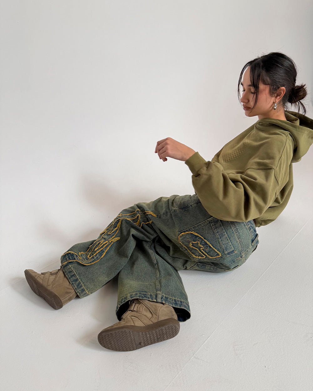 TRIBAL DISTRESSED V2 PANTS GREEN WASHED DENIM - distressed green denim pants, street style shot - Cold Culture #woman