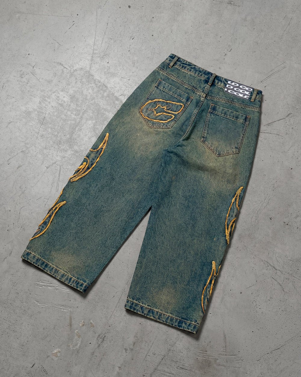 TRIBAL DISTRESSED V2 PANTS GREEN WASHED DENIM - distressed green denim pants, flat lay - Cold Culture