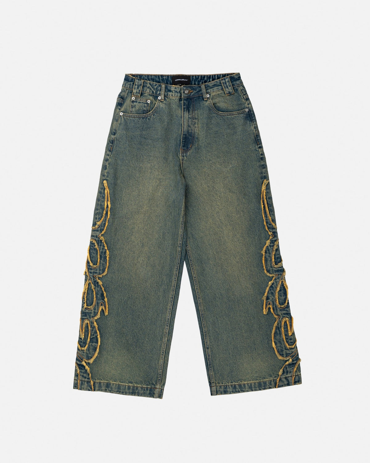 TRIBAL DISTRESSED V2 PANTS GREEN WASHED DENIM - distressed green denim pants, front view - Cold Culture #packshot