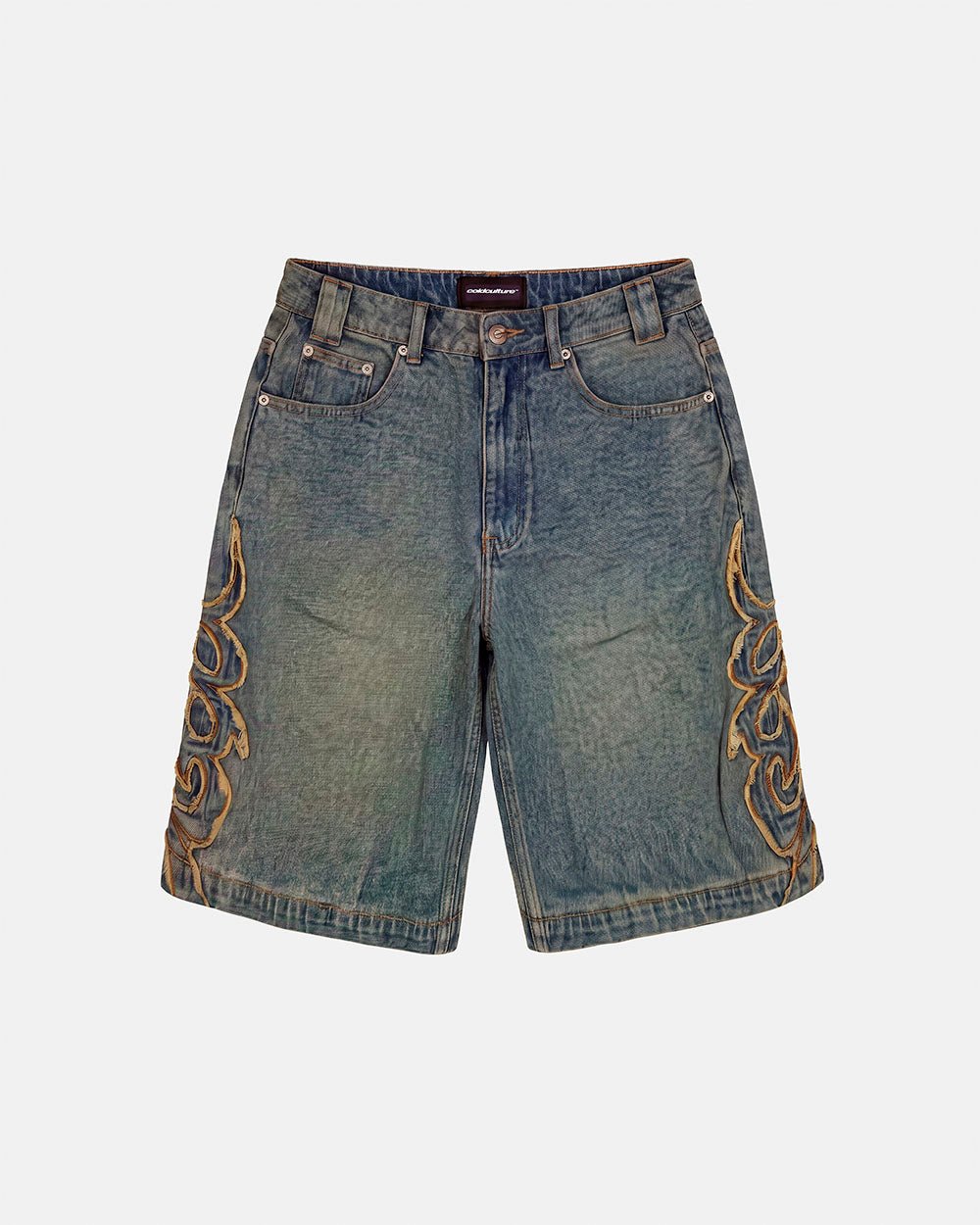 TRIBAL DISTRESSED V2 SHORTS GREEN - green washed denim shorts, front view - Cold Culture #packshot