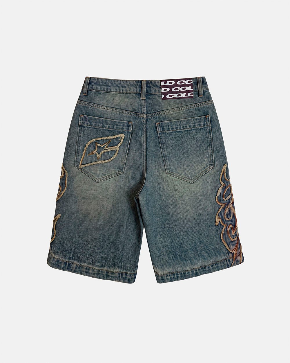 TRIBAL DISTRESSED V2 SHORTS GREEN - green washed denim shorts, back view - Cold Culture #packshot