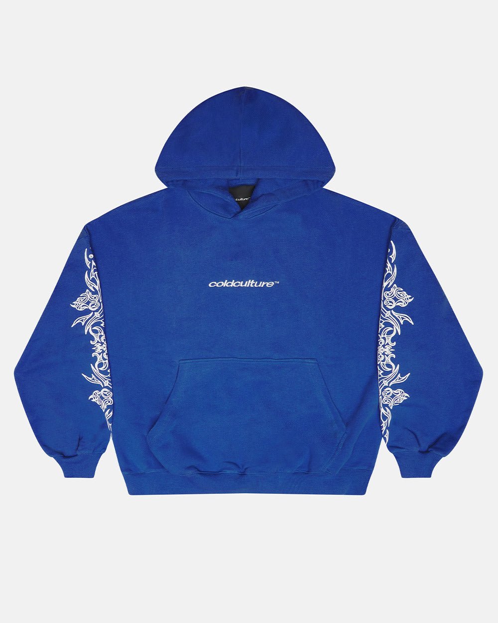 TRIBAL HOODIE BLUE - blue tribal print hoodie, front view - Cold Culture #packshot