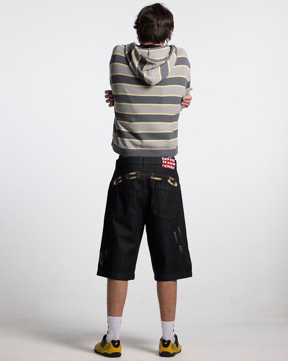 TRIPPY STOP ZIP KNIT GREY - grey striped zip-up knit sweater, back view on male model - Cold Culture