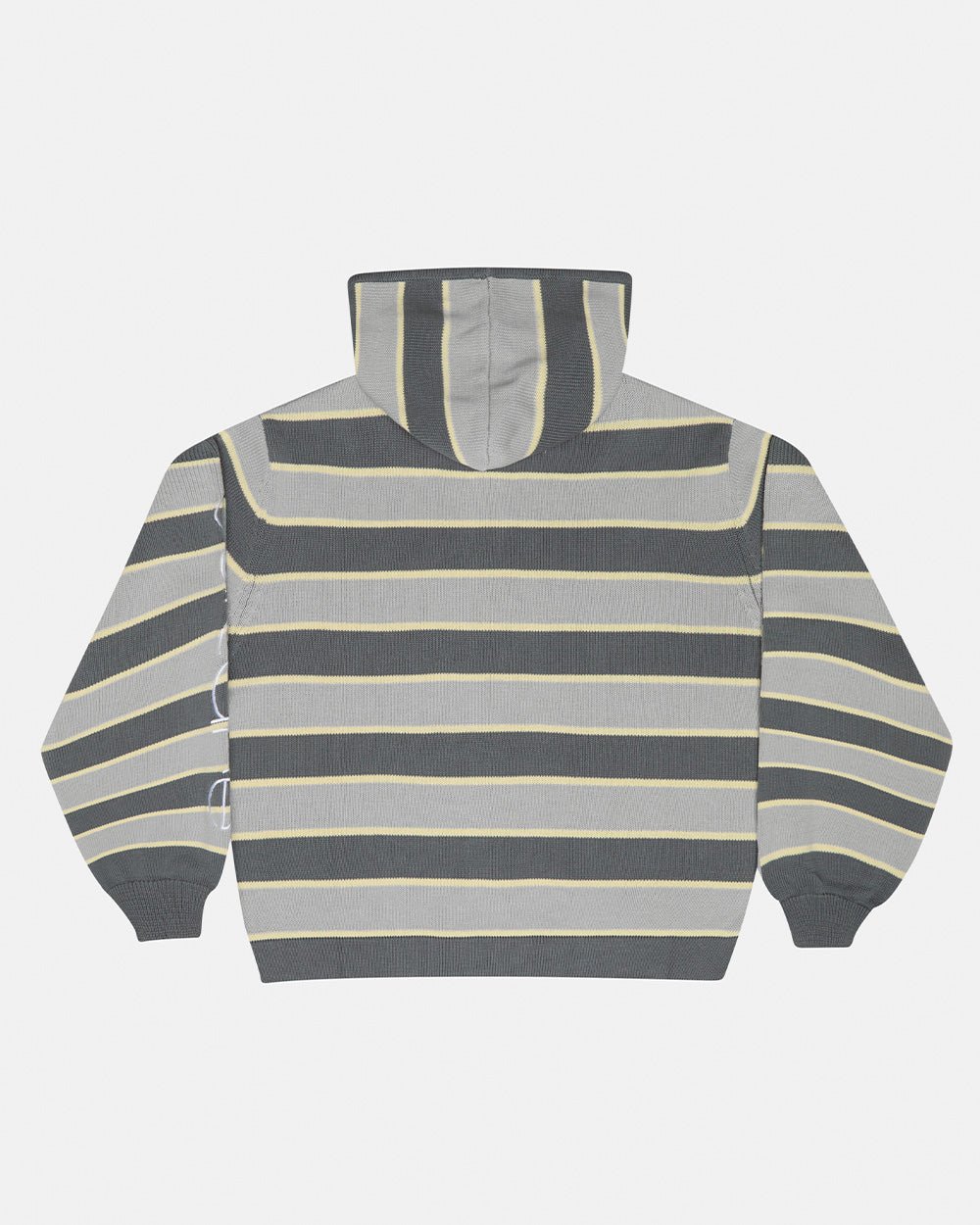 TRIPPY STOP ZIP KNIT GREY - grey striped zip-up knit sweater, back view - Cold Culture #packshot