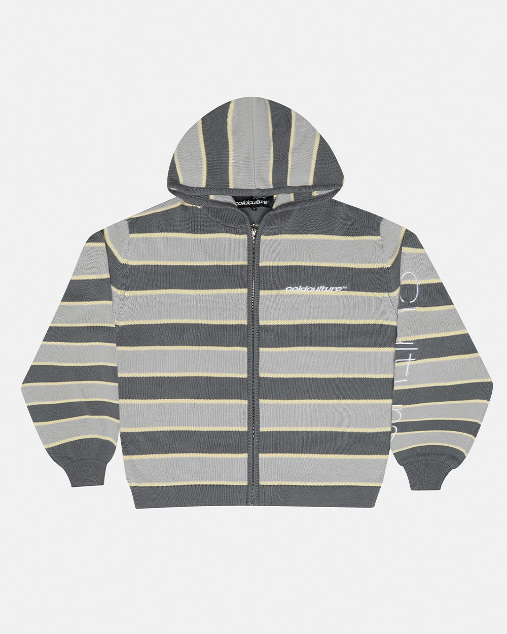 TRIPPY STOP ZIP KNIT GREY - grey striped zip-up knit sweater, front view - Cold Culture #packshot