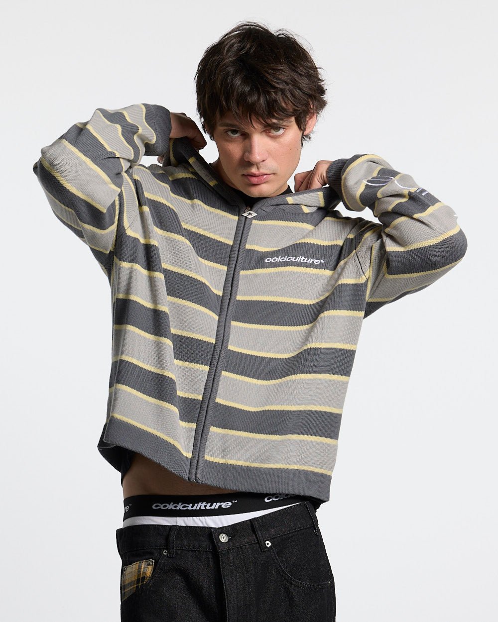 TRIPPY STOP ZIP KNIT GREY - grey striped zip-up knit sweater, front view on male model - Cold Culture #man