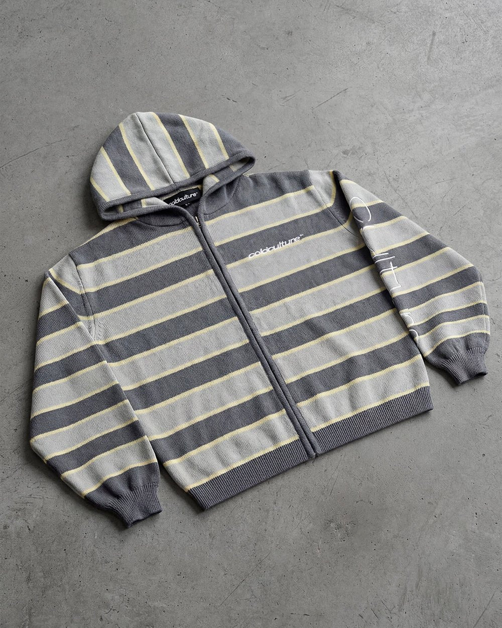 TRIPPY STOP ZIP KNIT GREY - grey striped zip-up knit sweater, flat lay - Cold Culture