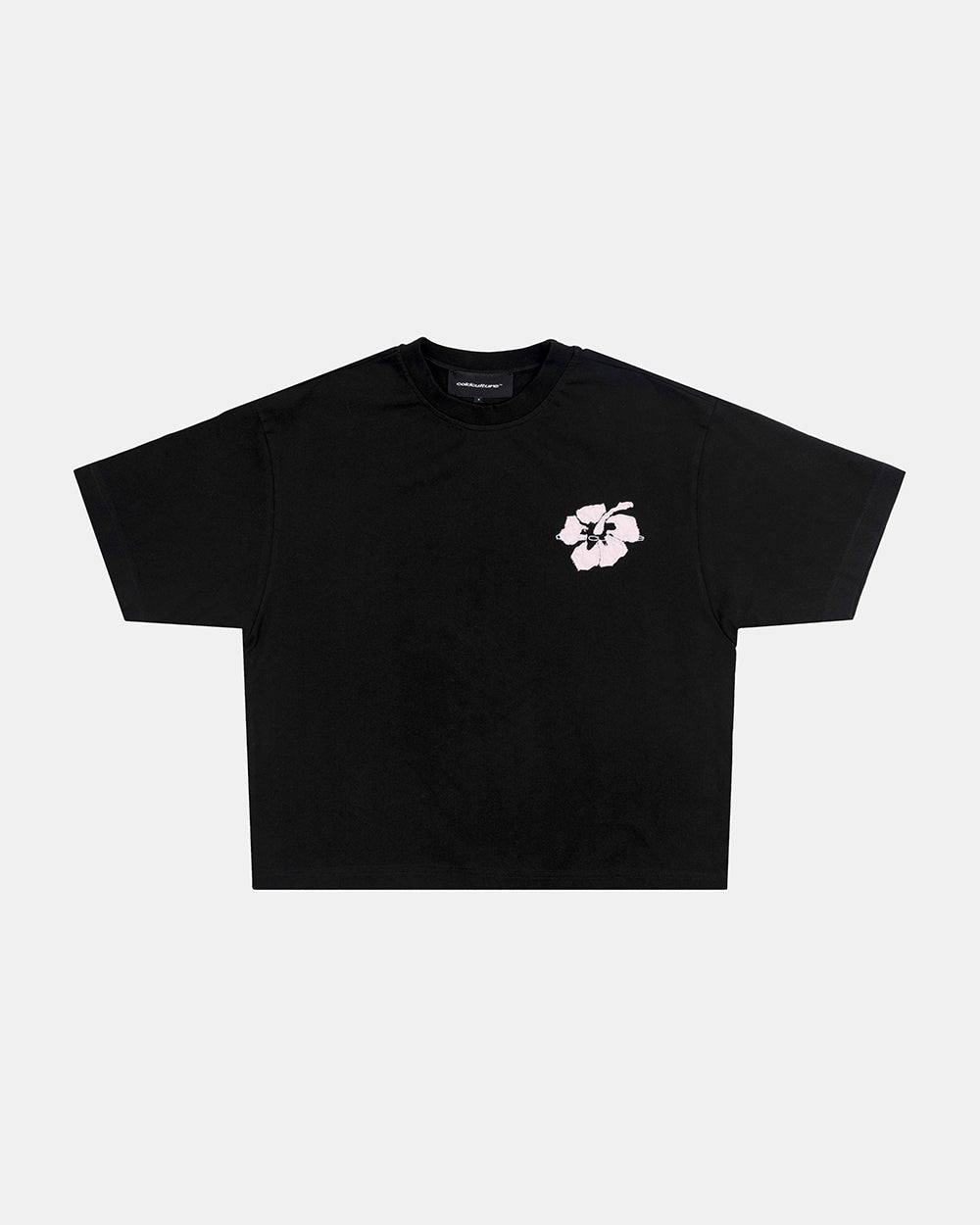 TROPICAL FEVER TEE BLACK - black hibiscus print tee, front view - Cold Culture #packshot