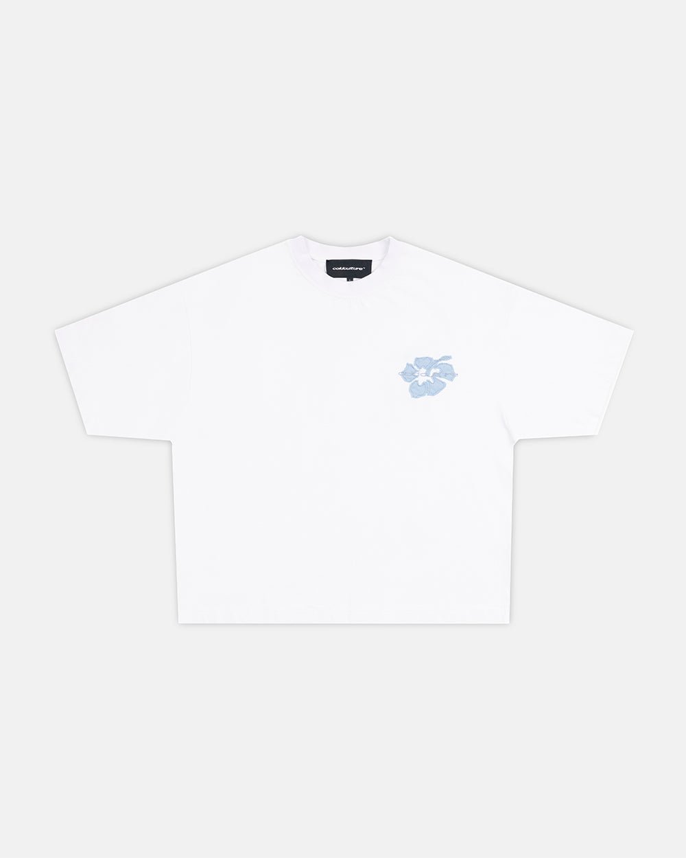 TROPICAL FEVER TEE WHITE - white hibiscus print tee, front view - Cold Culture #packshot