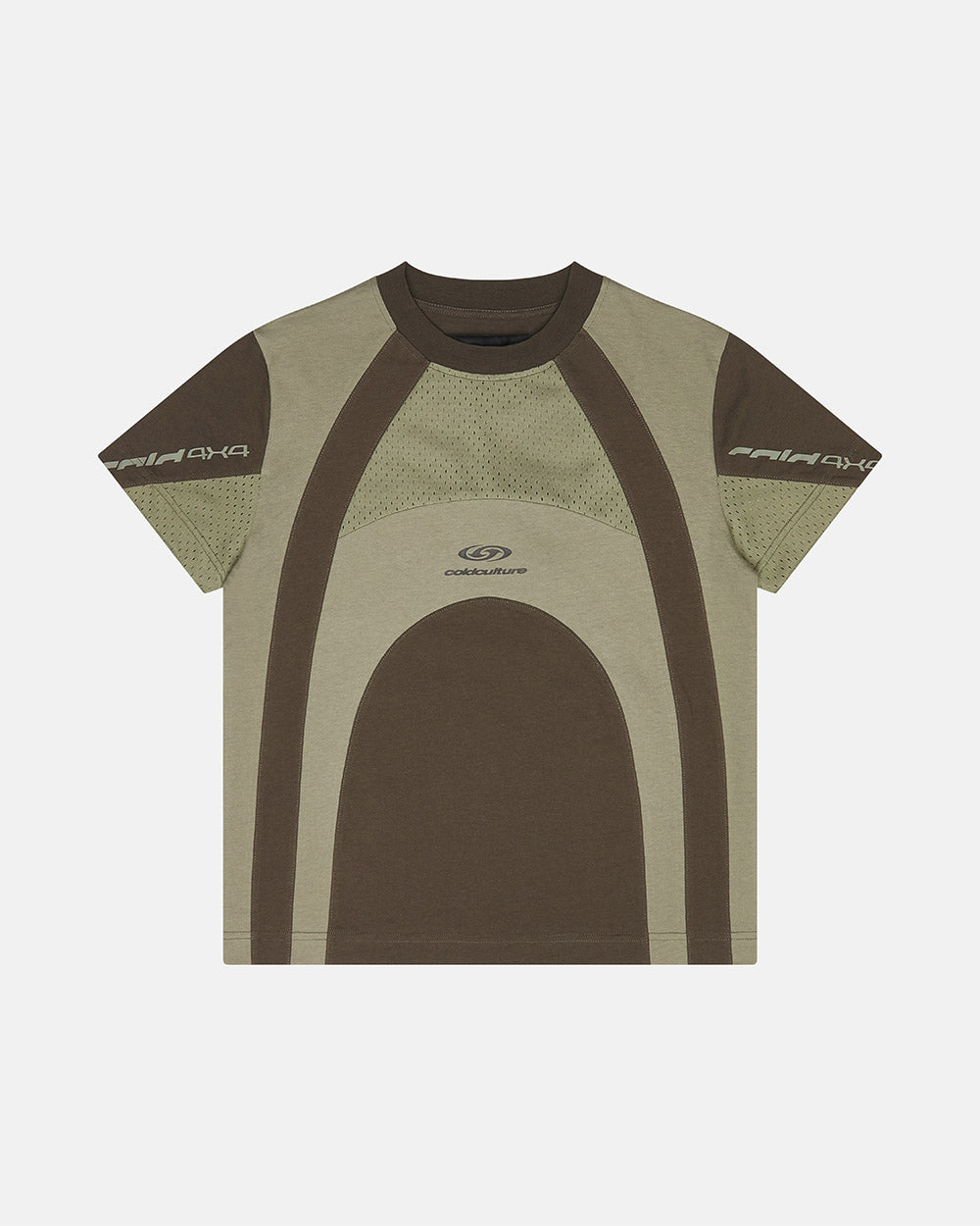 TURBO TEE KHAKI GREEN - khaki green paneled tee, front view - Cold Culture #packshot