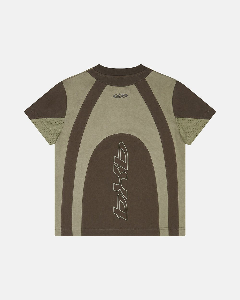TURBO TEE KHAKI GREEN - khaki green paneled tee, back view - Cold Culture #packshot