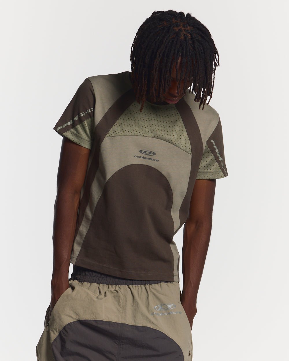 TURBO TEE KHAKI GREEN - khaki green paneled tee, front view on male model - Cold Culture #man