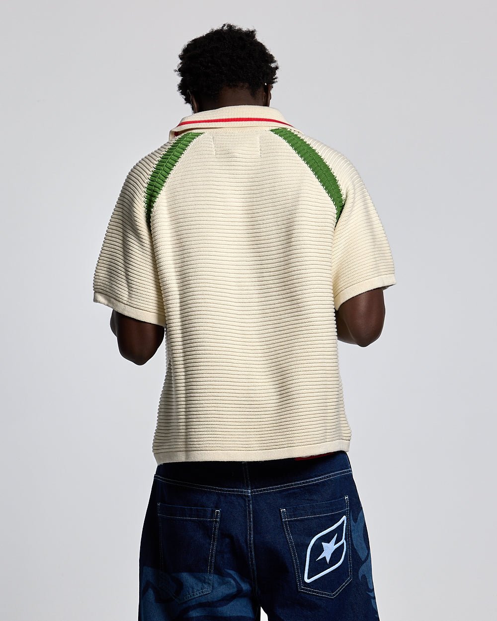 TUSCANY KNIT WHITE - off-white knitted polo shirt, back view on male model - Cold Culture #man