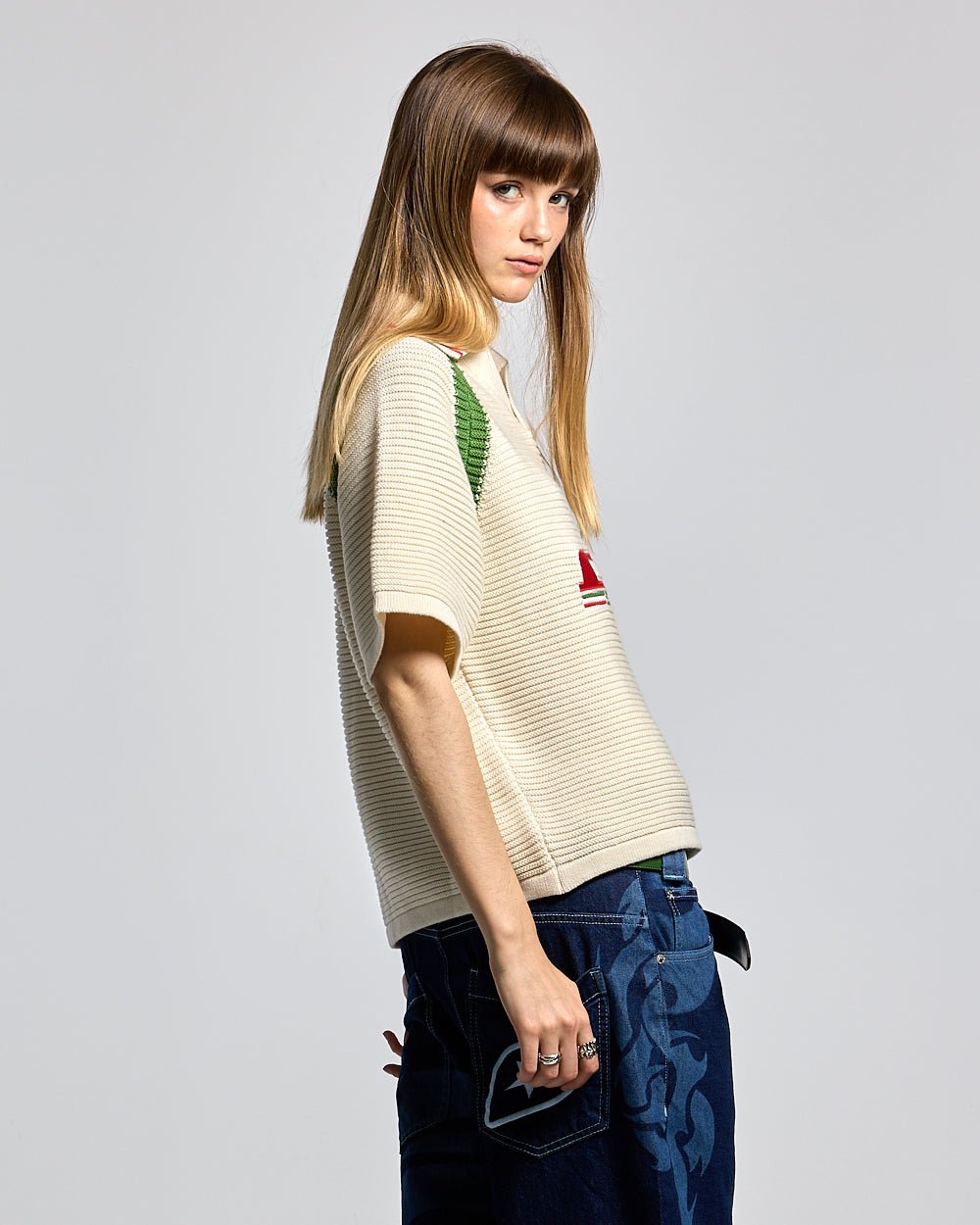 TUSCANY KNIT WHITE - off-white knitted polo shirt, side view - Cold Culture #woman