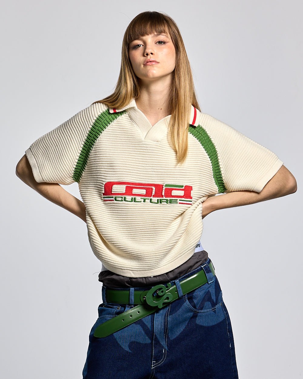 TUSCANY KNIT WHITE - off-white knitted polo shirt, front view on female model - Cold Culture #woman