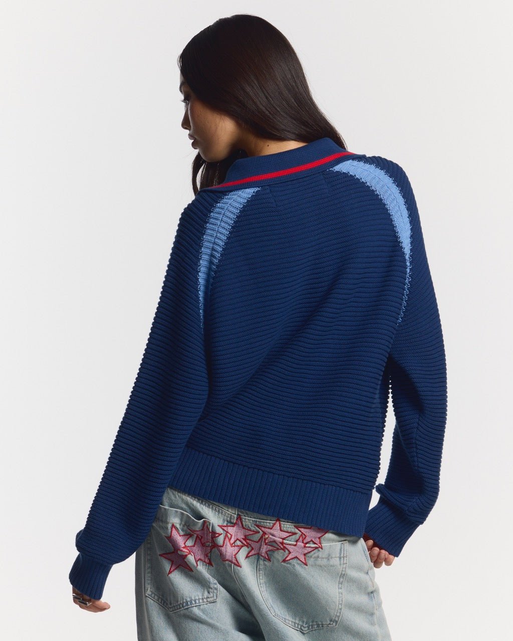 TUSCANY LONGSLEEVE DARK BLUE - dark blue knit longsleeve tee, back view on female model - Cold Culture #woman