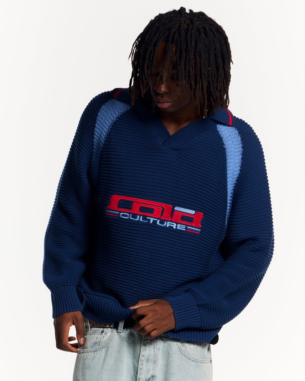 TUSCANY LONGSLEEVE DARK BLUE - dark blue knit longsleeve tee, front view on male model - Cold Culture #man