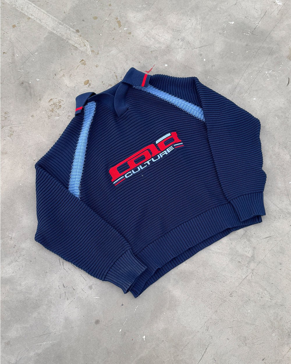 TUSCANY LONGSLEEVE DARK BLUE - dark blue knit longsleeve tee, flat lay - Cold Culture