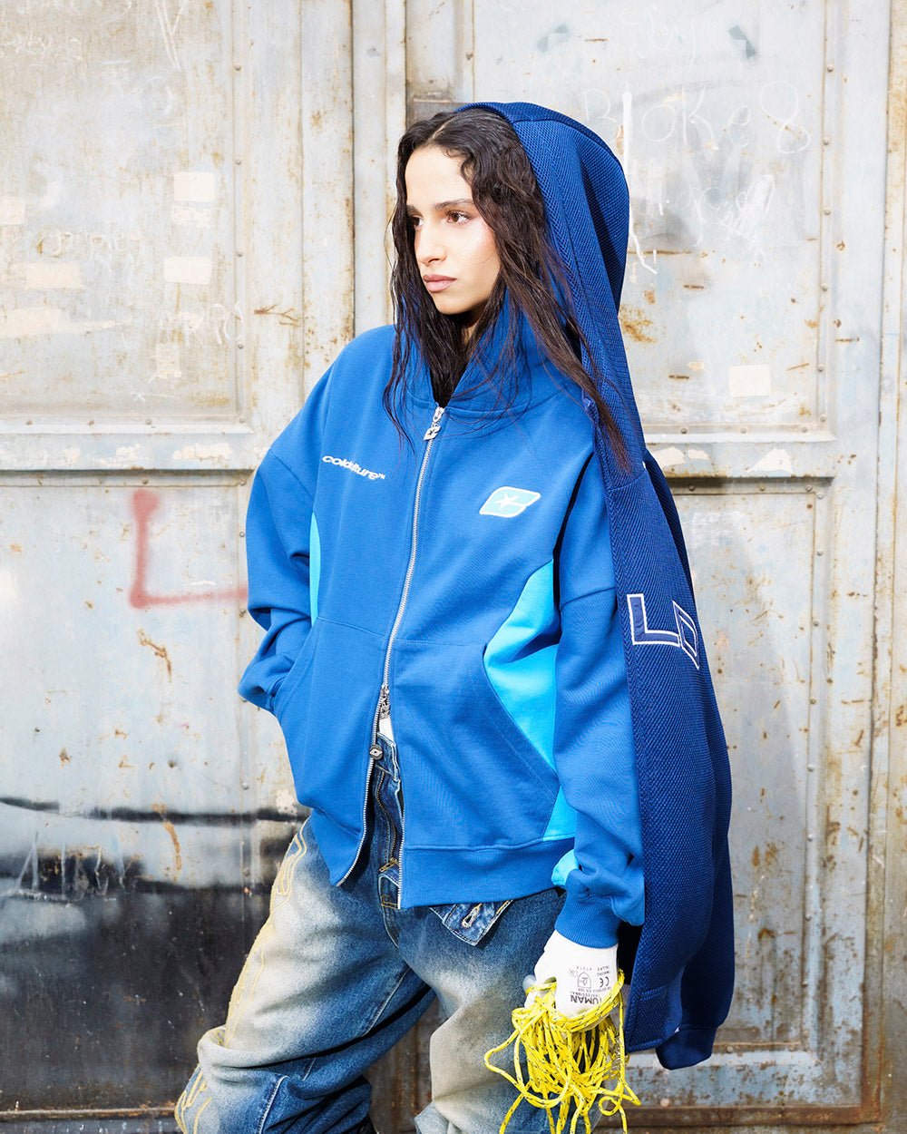 TWISTTER ZIP HOODIE BLUE - blue zip-up hoodie, street style shot - Cold Culture #woman