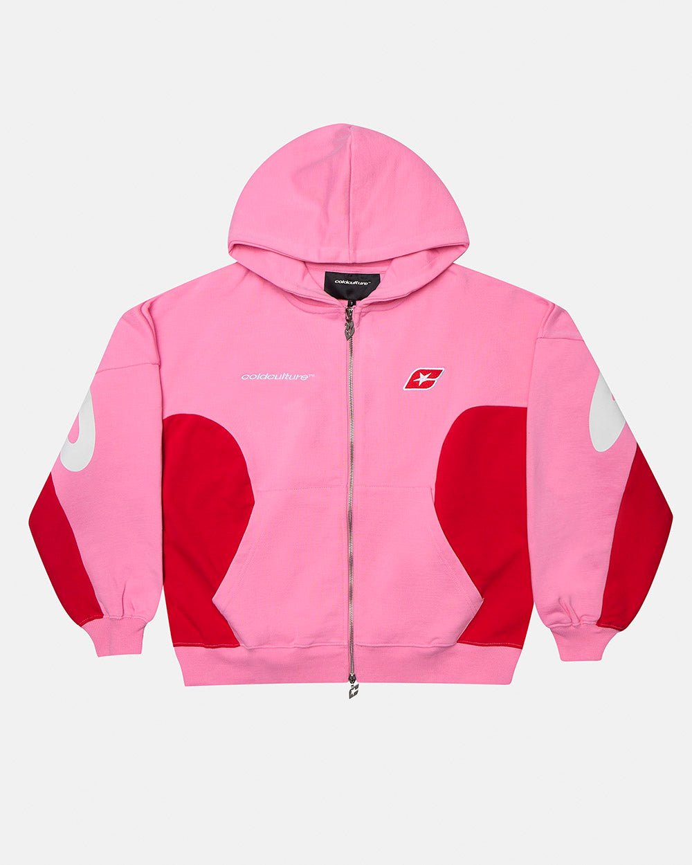 TWISTTER ZIP HOODIE PINK - pink and red zip-up hoodie, front view - Cold Culture #packshot