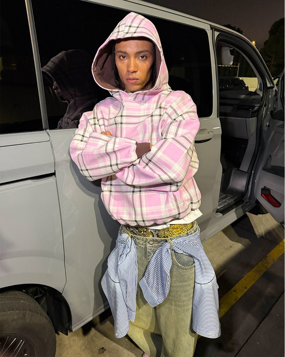 TWO FACES HOODIE BROWN & PINK - pink plaid hoodie, street style shot - Cold Culture #woman