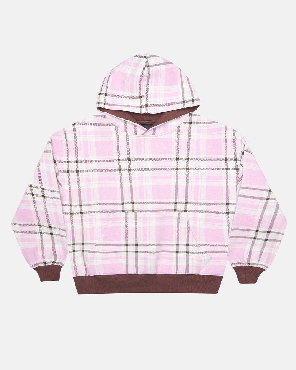TWO FACES HOODIE BROWN & PINK - pink plaid hoodie, front view - Cold Culture #packshot