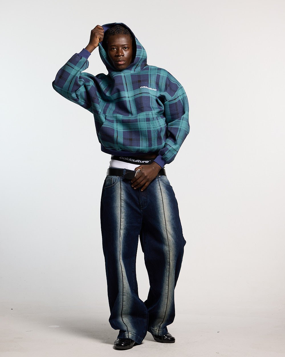 TWO FACES HOODIE NAVY & GREEN - navy and green plaid hoodie, front view on male model - Cold Culture #man