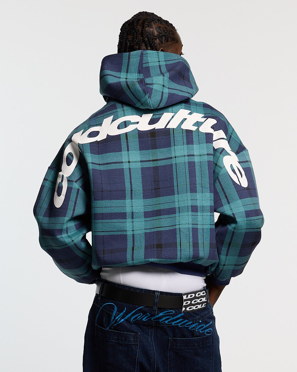 TWO FACES HOODIE NAVY & GREEN - navy and green plaid hoodie, back view on male model - Cold Culture