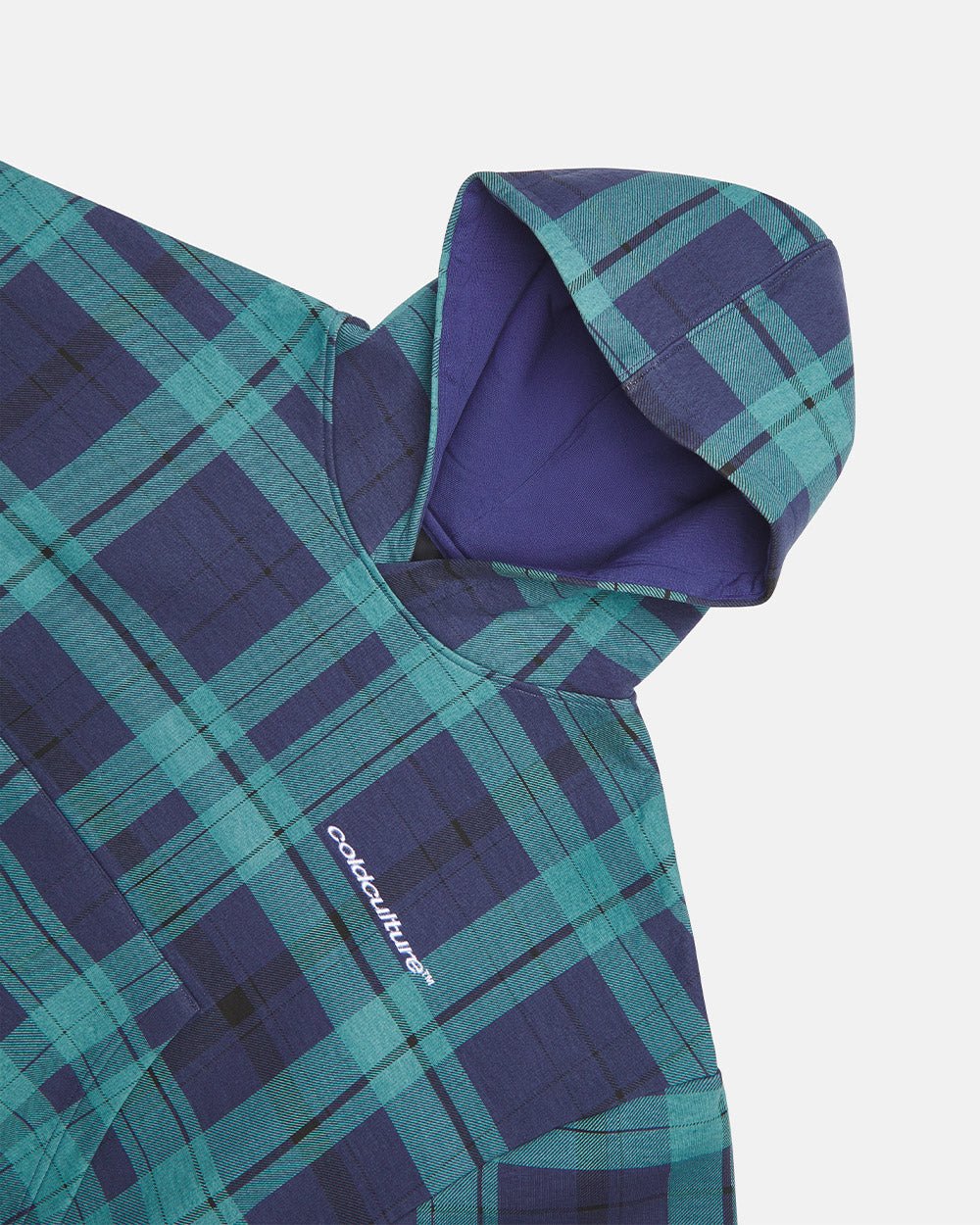 TWO FACES HOODIE NAVY & GREEN - navy and green plaid hoodie, detail close-up - Cold Culture