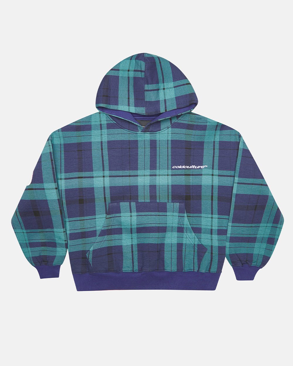 TWO FACES HOODIE NAVY & GREEN - navy and green plaid hoodie, front view - Cold Culture #packshot