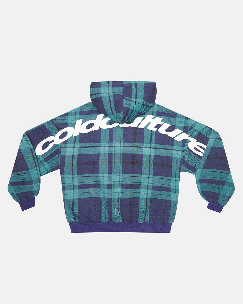 TWO FACES HOODIE NAVY & GREEN - navy and green plaid hoodie, back view - Cold Culture #packshot