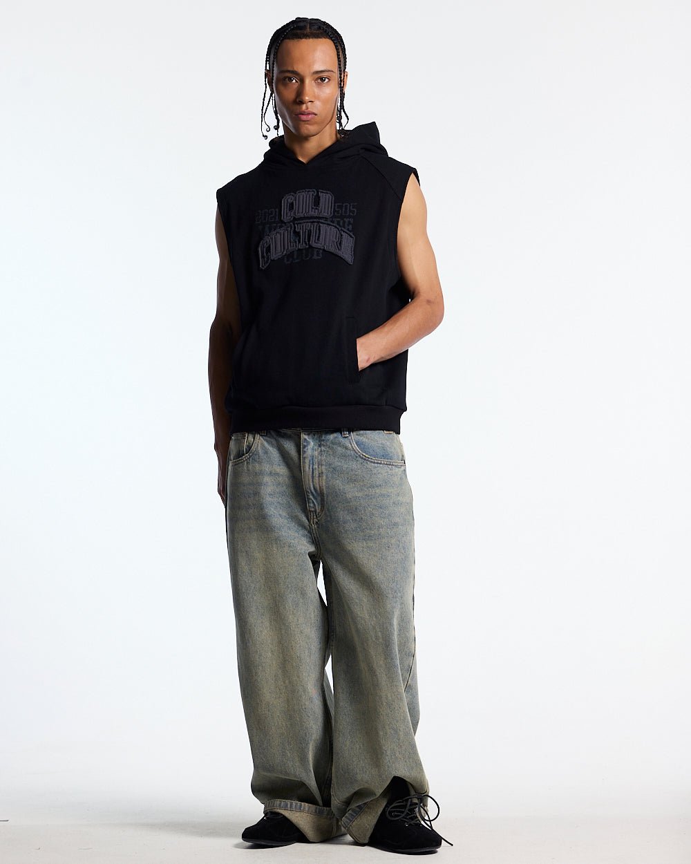 TYSON VEST BLACK - black sleeveless hoodie, front view on male model - Cold Culture
