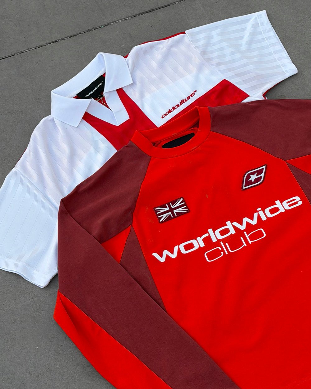 UNION LONGSLEEVE RED - red football-style longsleeve tee, flat lay with matching pieces - Cold Culture