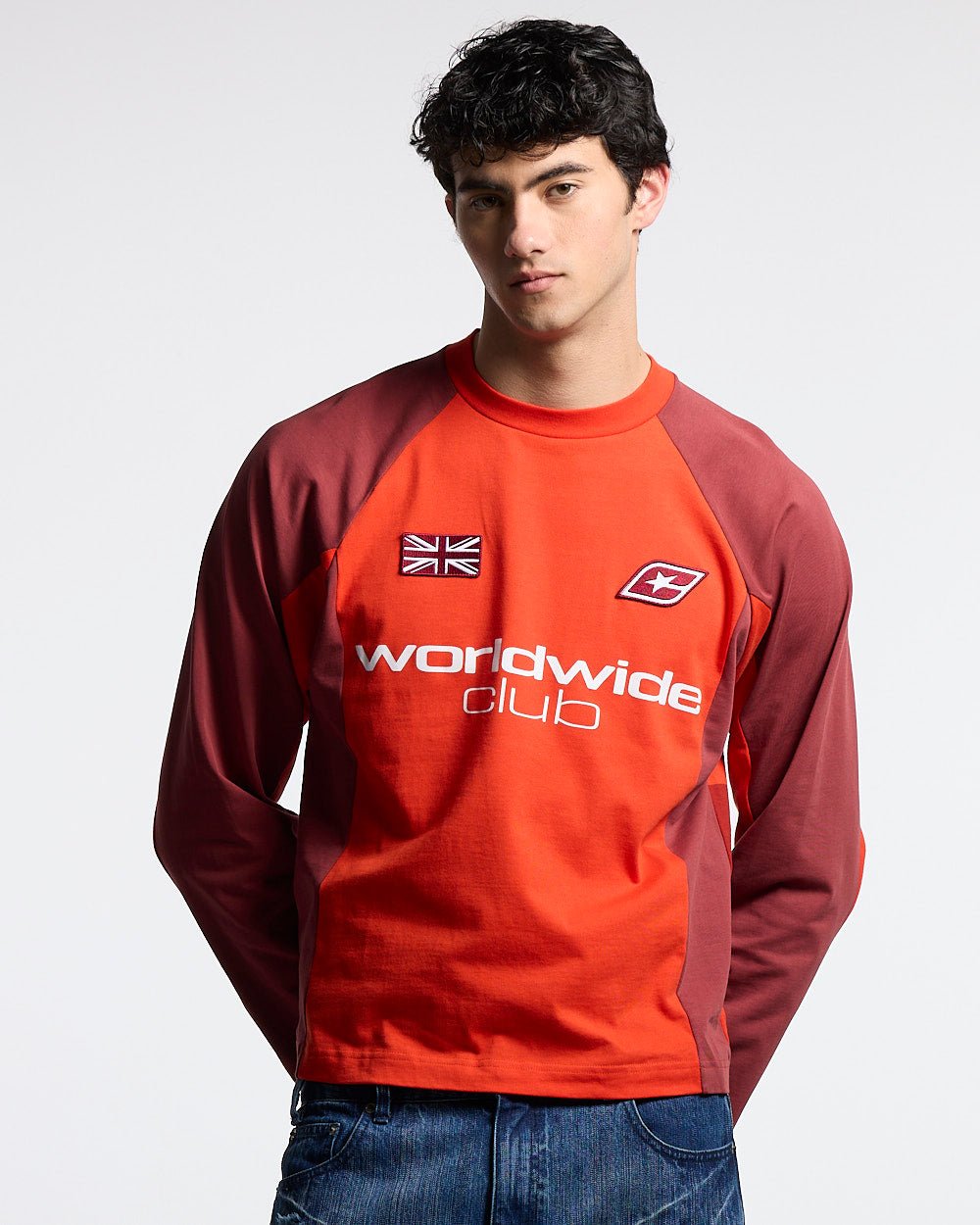 UNION LONGSLEEVE RED - red football-style longsleeve tee, front view on male model - Cold Culture #man