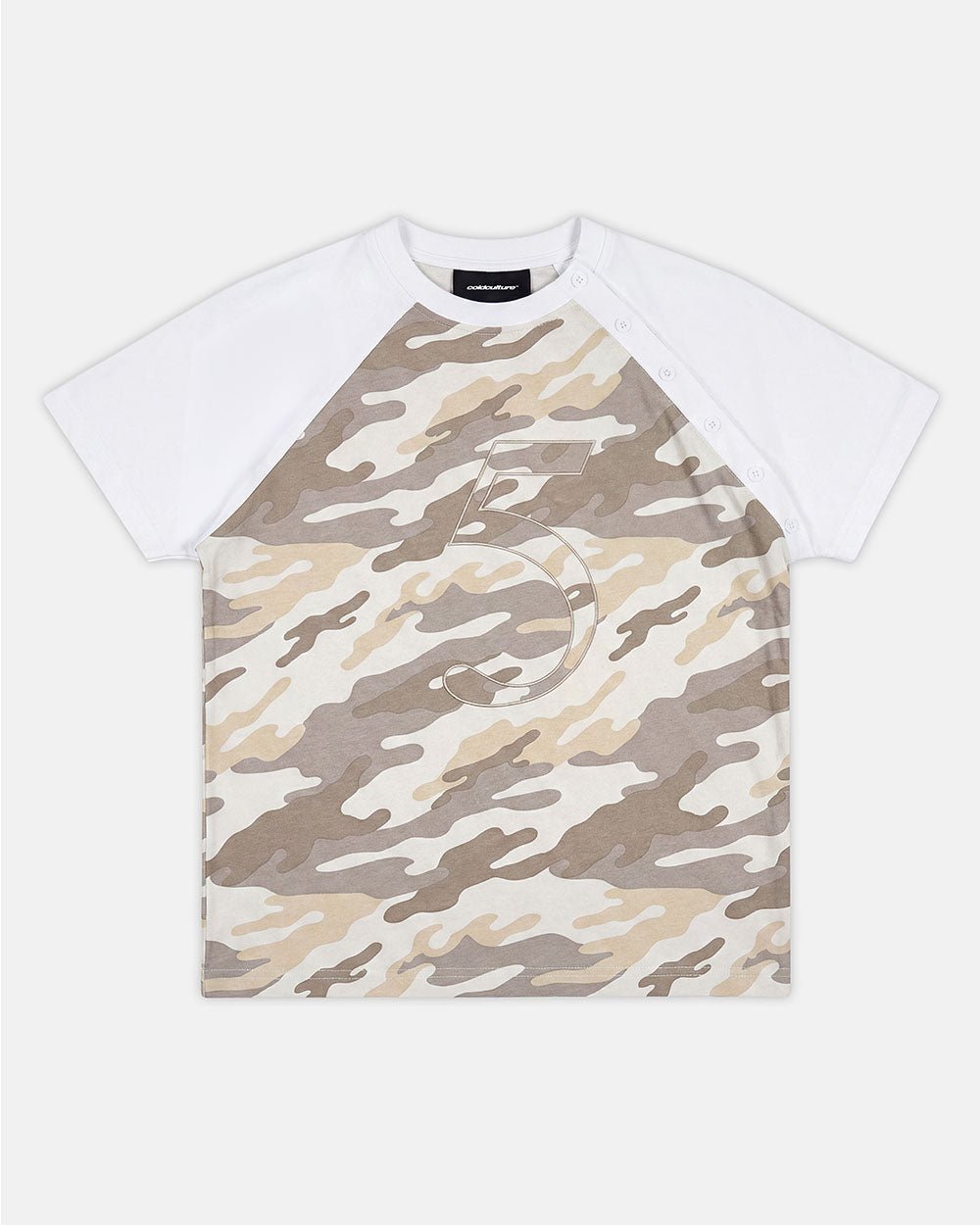 UNIT 05 TEE CAMO - beige camo raglan tee, front view - Cold Culture #packshot